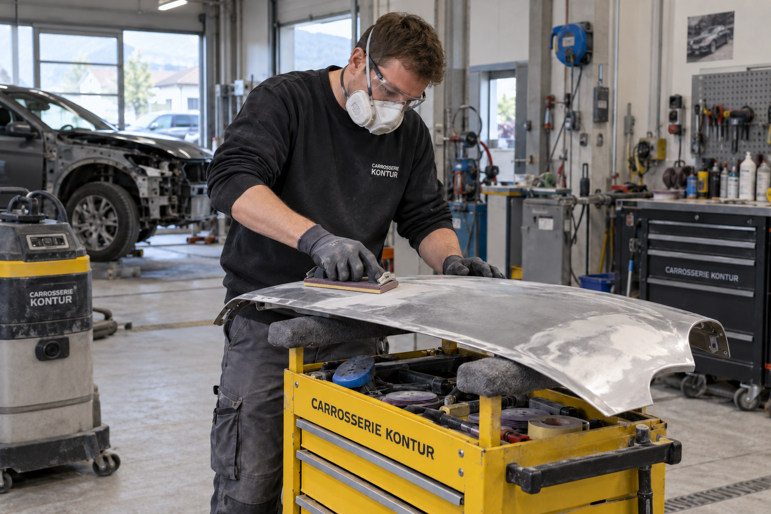 Carrosserie Kontur · Arbeit am Fahrzeug mit beschrifteter Kleidung und Werkstattwagen
