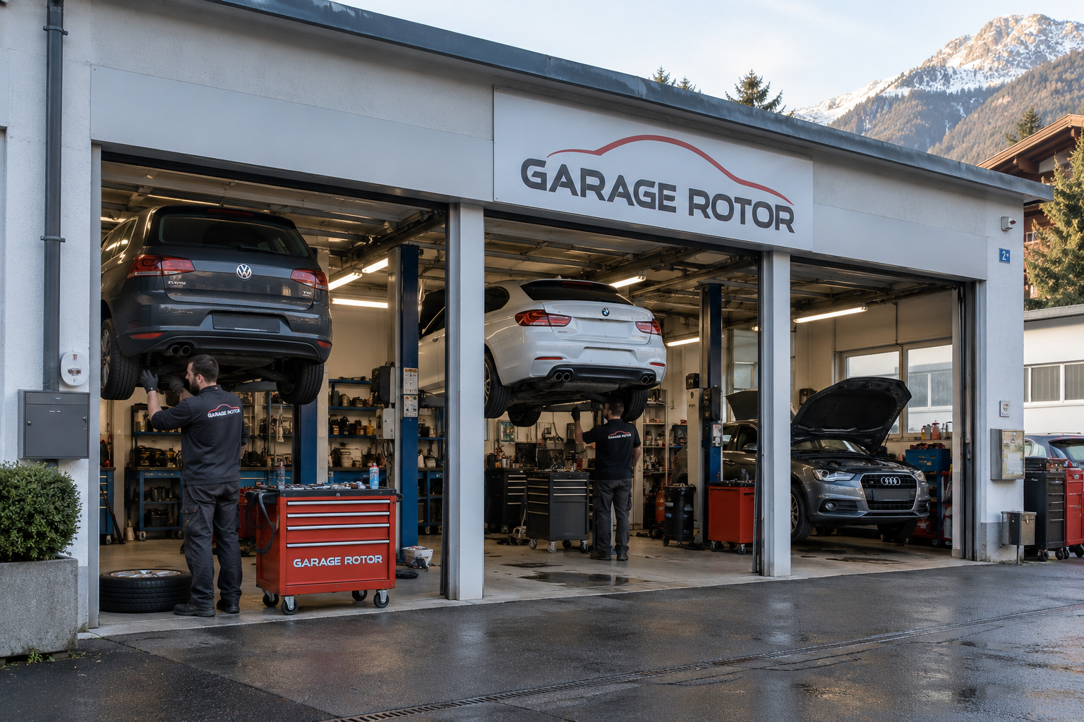 Garage Rotor · Werkstatt mit beschrifteter Arbeitskleidung und Werkzeugwagen