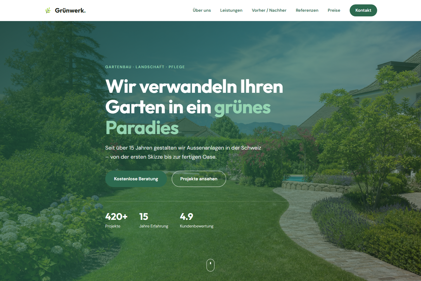 Bildschirmansicht der Webseite Grünwerk Gartenbau