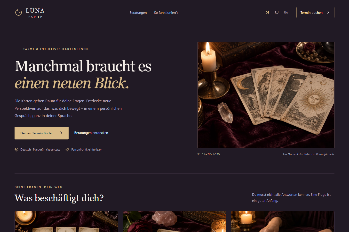 Bildschirmansicht der Webseite Tarot