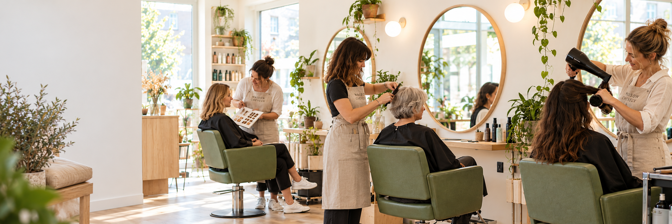 Heller Maison Cheveux Salon mit drei Kundinnen und Friseurinnen in einheitlichen Schürzen
